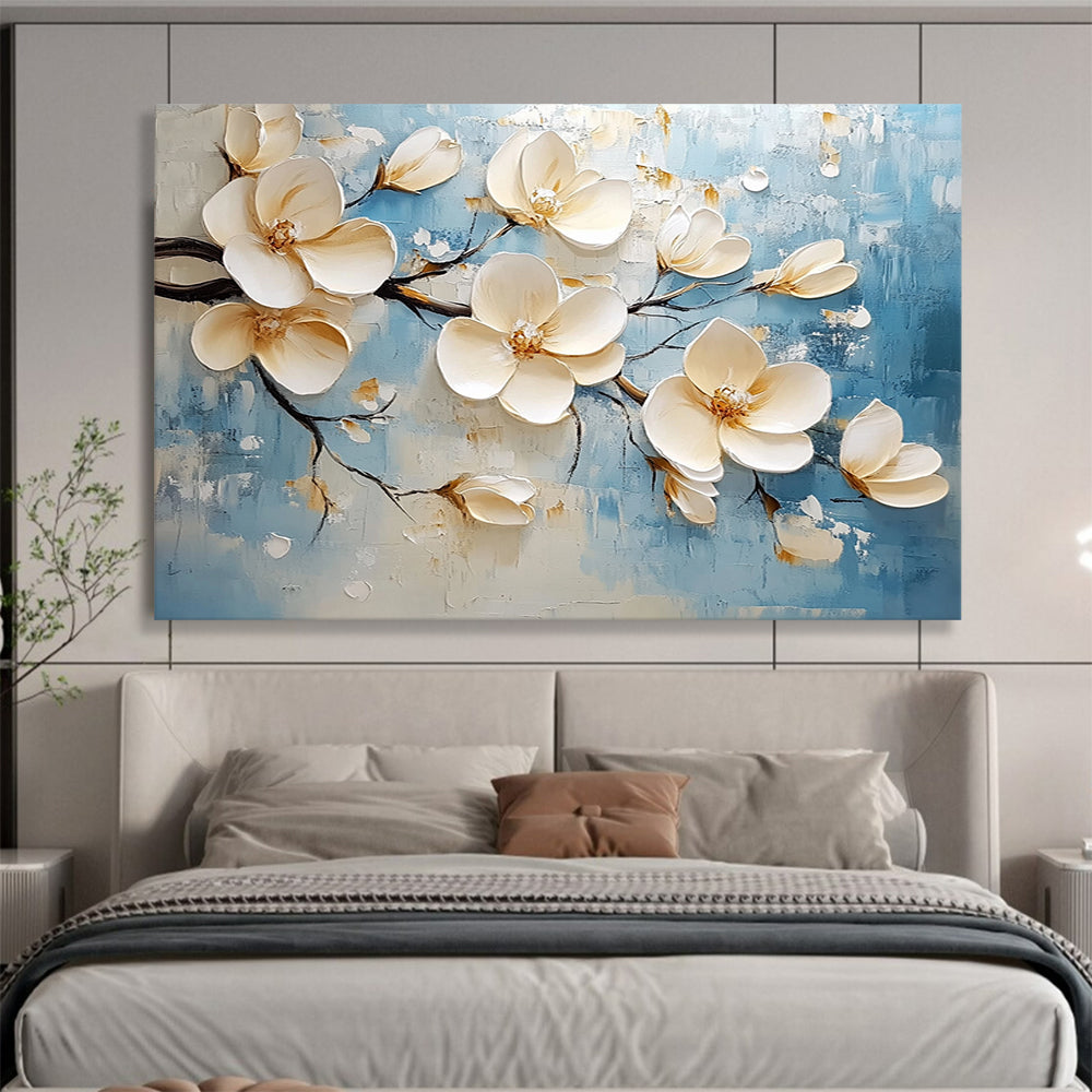 Blue, Beige and White Textured Magnolias "Blossom Serenity" Painting On Canvas HB0422