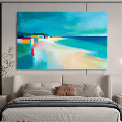 “Colorful Beach Scene with Abstract Houses” - Coastal Abstract Painting On Canvas HB0520