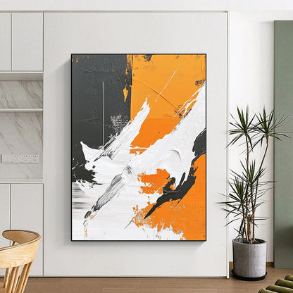 Contemporary hand-painted abstract art featuring thick brushstrokes, geometric elements, and a polar bear silhouette against a gray background with vibrant orange and white details. DLZ0653