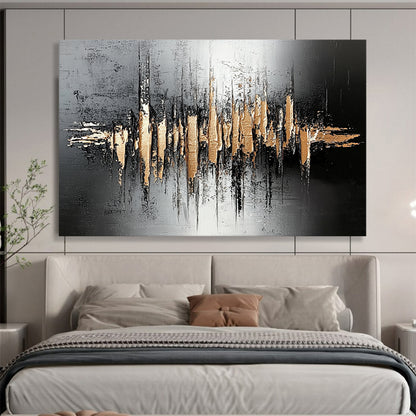 “Gold - Black Soundwave Textures” - Black, Gold, Soundwave Shapes Painting On Canvas HB0804