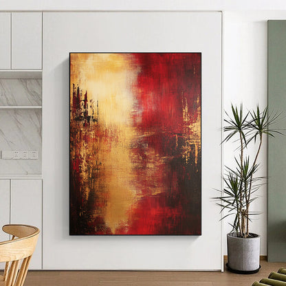 Contemporary hand-painted abstract artwork features atmospheric reds and yellows with an impressionistic cityscape embodying emotional depth and dramatic lighting. DLZ0693