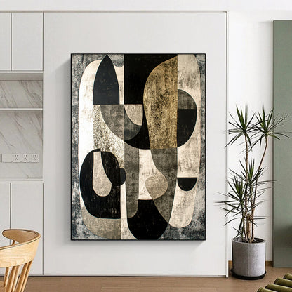 Black, Gray & Gold Abstract Forms - “Gilded Industrial Abstraction” Painting On Canvas HB204