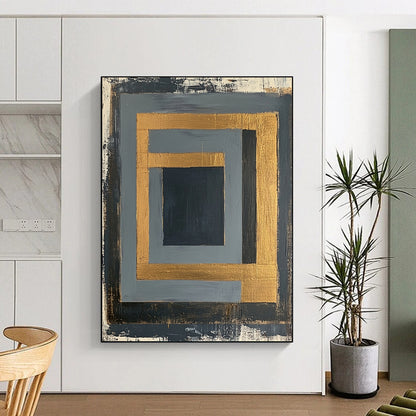 Gray, Black, Gold and White Geometric Frames "Framed Mystery" Painting On Canvas HB349