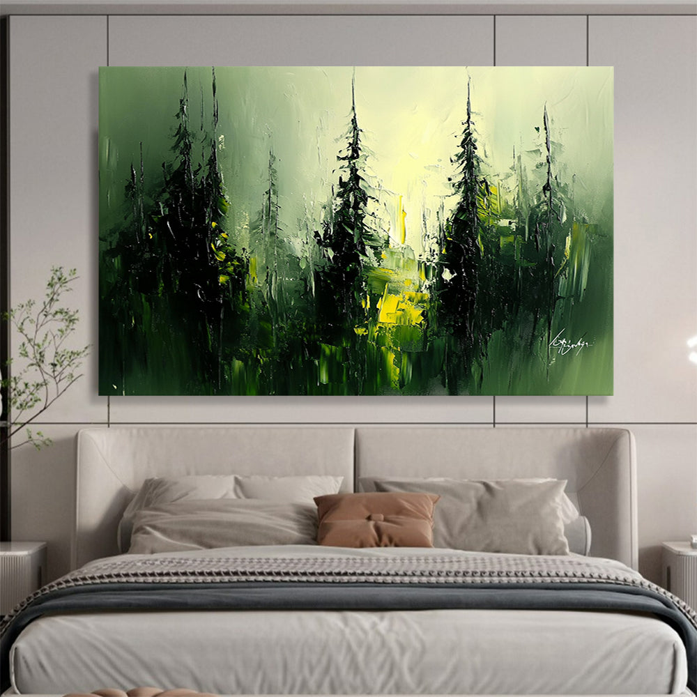 “Mystic Forest Glow” - Green, Yellow, Black, Abstract Trees - Oil Painting HB1485