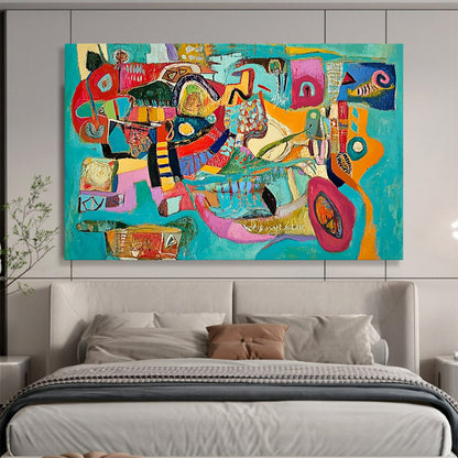 Colorful Turquoise - Based Abstract Collage – Mixed - Media Abstract Shape Painting HB1471