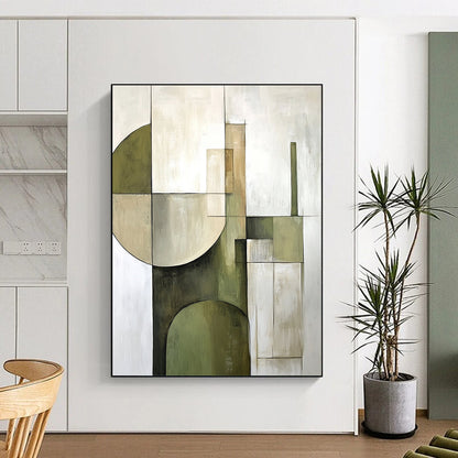 Large contemporary hand-painted abstract artwork featuring soft sage green and beige geometric shapes on a white background for modern decor enthusiasts. DLZ1059