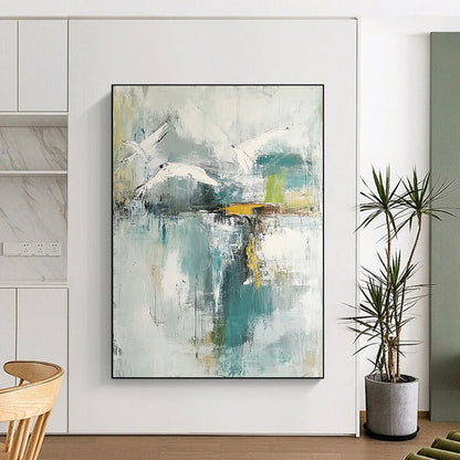 Contemporary hand-painted abstract artwork features neutral hues with teal and gold accents soft watercolors evoke birds over a lake with serene reflections. DLZ0758