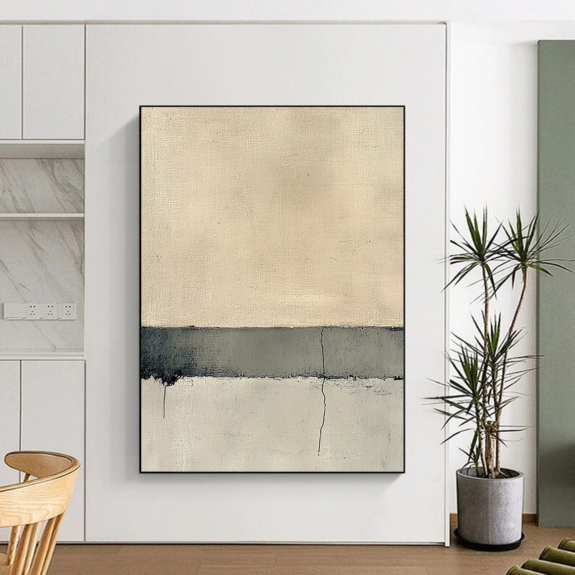 Contemporary hand-painted abstract art featuring the serene intersection of concrete and sand in neutral tones and subtle textural variations. DLZ1357