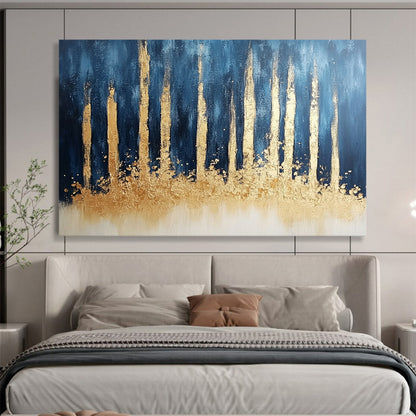 “Gold - Tree Silhouettes on Blue” - Gold, Blue, Beige, Tree Shapes Painting On Canvas HB0815