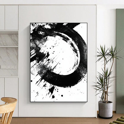 Black Circular Brushstroke with Splatter - “Dynamic Enso Splash” Painting On Canvas HB242