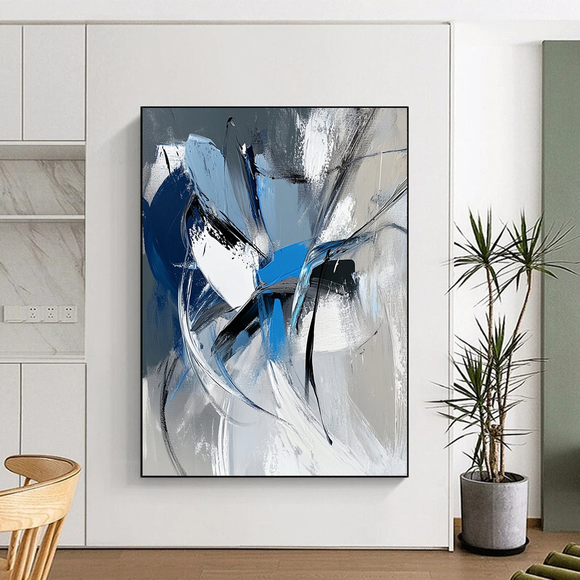Large contemporary hand-painted abstract art featuring dynamic white gray and blue shapes with bold brushstrokes and a vibrant urban energy. DLZ1008