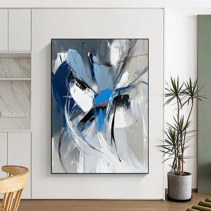 Large contemporary hand-painted abstract art featuring dynamic white gray and blue shapes with bold brushstrokes and a vibrant urban energy. DLZ1008