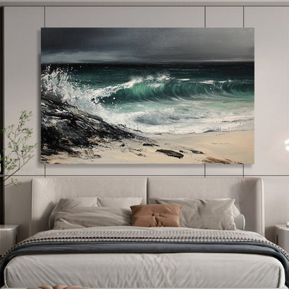 Black, Green, White and Beige Stormy Seaside "Tempest Tide" Painting On Canvas HB0669
