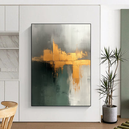 Contemporary hand-painted abstraction displaying beige sage green tones with elegant gold accents on canvas texture, perfect for modern decor. DLZ0943