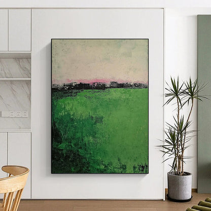 Contemporary abstract painting showcasing muted green grass foreground and a foggy village background featuring soft brush strokes on a textured canvas. DLZ0392