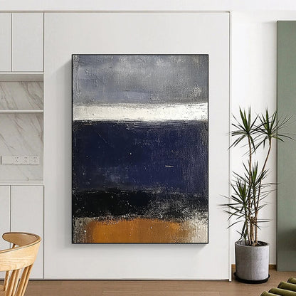 Contemporary hand-painted abstract art featuring a dark blue sea and grey sky with white and brown accents on a textured surface. DLZ0452
