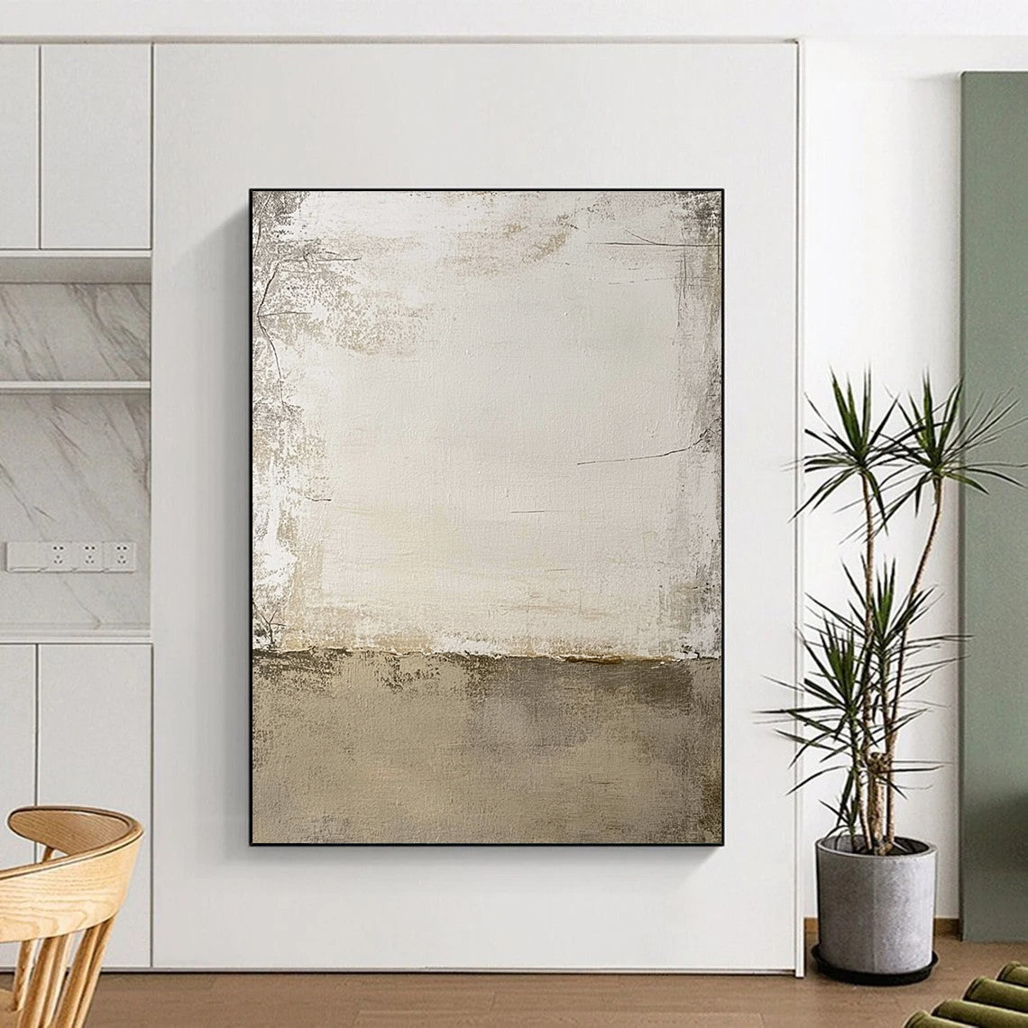 Contemporary hand-painted abstract art featuring textured beige and white tones with a rugged design and a central light gray area for versatility. DLZ1174