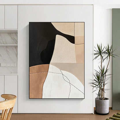 Contemporary abstract artwork with minimalist Japandi design featuring leather and paper collage in neutral earthy tones and feminine hand-stitched details. DLZ1619