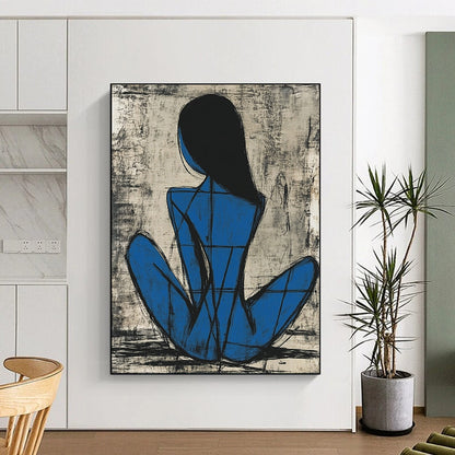 Contemporary abstract painting featuring a blue female figure in Picasso style sitting gracefully with thick lines and simple shapes on a grayish-blue background. DLZ1156