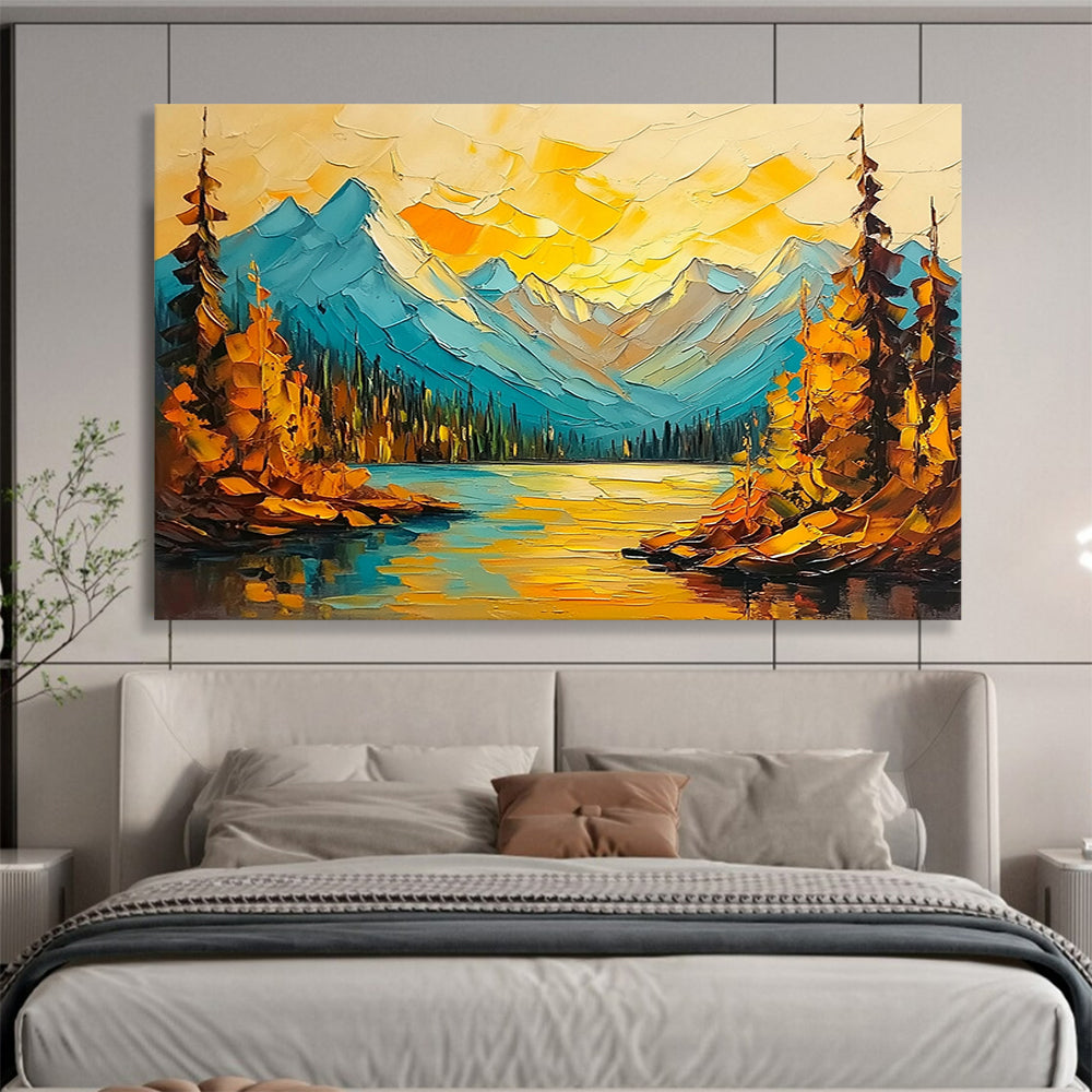 “Colorful Mountain Lake” - Blues, Yellows, Oranges, Mountain Lake with Autumn Trees - Impasto Oil Painting HB1713