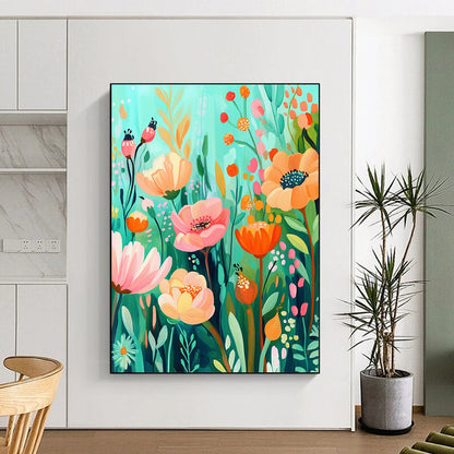 Bold contemporary abstract artwork featuring a whimsical floral garden in vibrant aquamarine and orange hues, ideal for brightening any space. DLZ1573