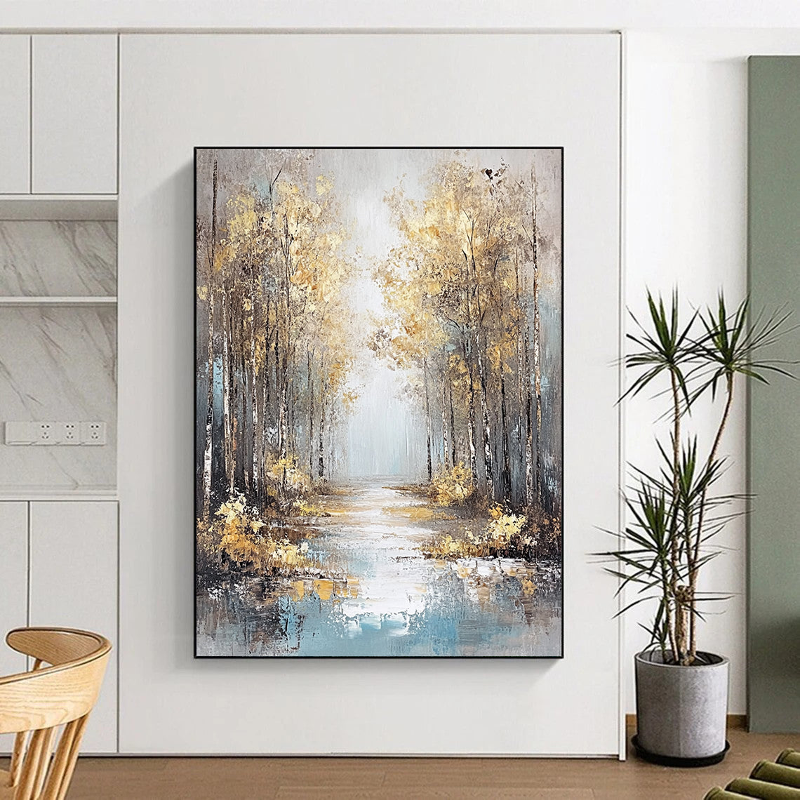 Contemporary hand-painted abstract artwork featuring an autumn forest in gold and orange shades with a reflective water foreground and misty atmosphere. DLZ1472