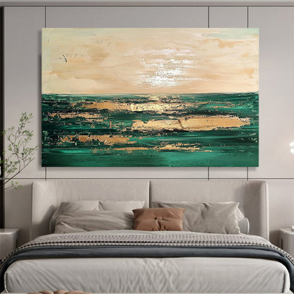 “Coastal Abstract with Gold” - Green, Gold, Coastal Landscape Painting On Canvas HB0888