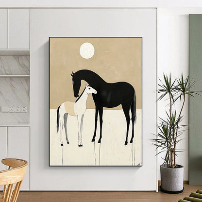 Contemporary abstract art featuring minimalist black and white horses in love against a beige background with a moon. Perfect for modern decor. DLZ1608