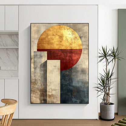 Contemporary abstract artwork featuring minimalist boho geometric shapes in muted tones with gold accents and a textured canvas finish. DLZ1343