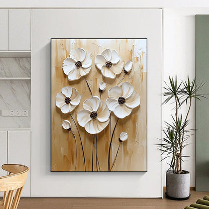 Contemporary hand-painted abstract art featuring textured white flowers on a calming beige background with an elegant neutral color palette. DLZ0262