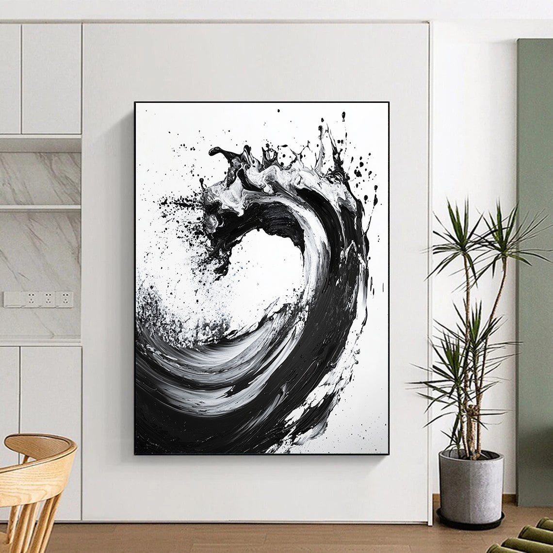 Black, White, Cascading Ink Splash "Ink Cascade" Abstract Expressionist Painting On Canvas HB135