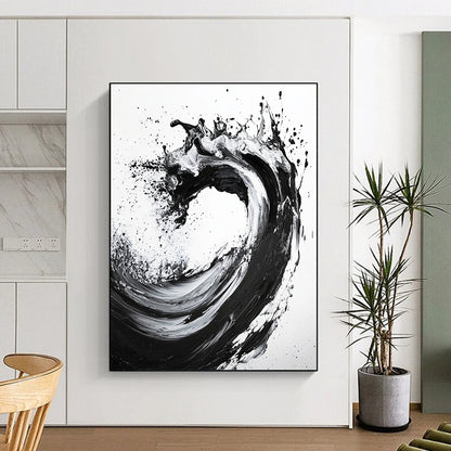 Black, White, Cascading Ink Splash "Ink Cascade" Abstract Expressionist Painting On Canvas HB135