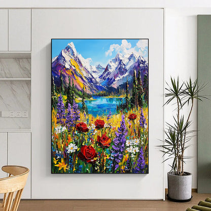 Contemporary hand-painted abstraction featuring vibrant British Columbia mountains snow-capped peaks lush forests and colorful wildflowers in an alpine meadow. DLZ1498
