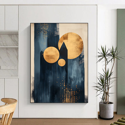 Contemporary abstract artwork featuring dots and lines with black ink light indigo tones and gold accents on canvas texture. DLZ0854