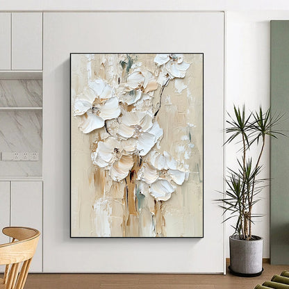 Contemporary large hand-painted abstract artwork featuring impasto white flowers in a soothing palette of neutral colors and tones. DLZ0672