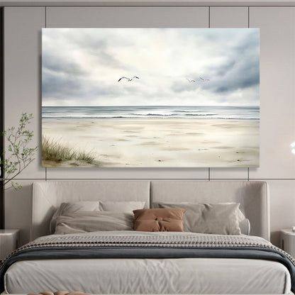 “Seagulls Over Calm Beach” - Gray, White, Serene Seaside Watercolor On Canvas HB0697