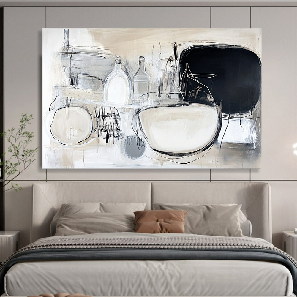 “Monochrome Stillness” - Beige, White, Gray with Abstract Bottles - Abstract Acrylic Painting HB1340