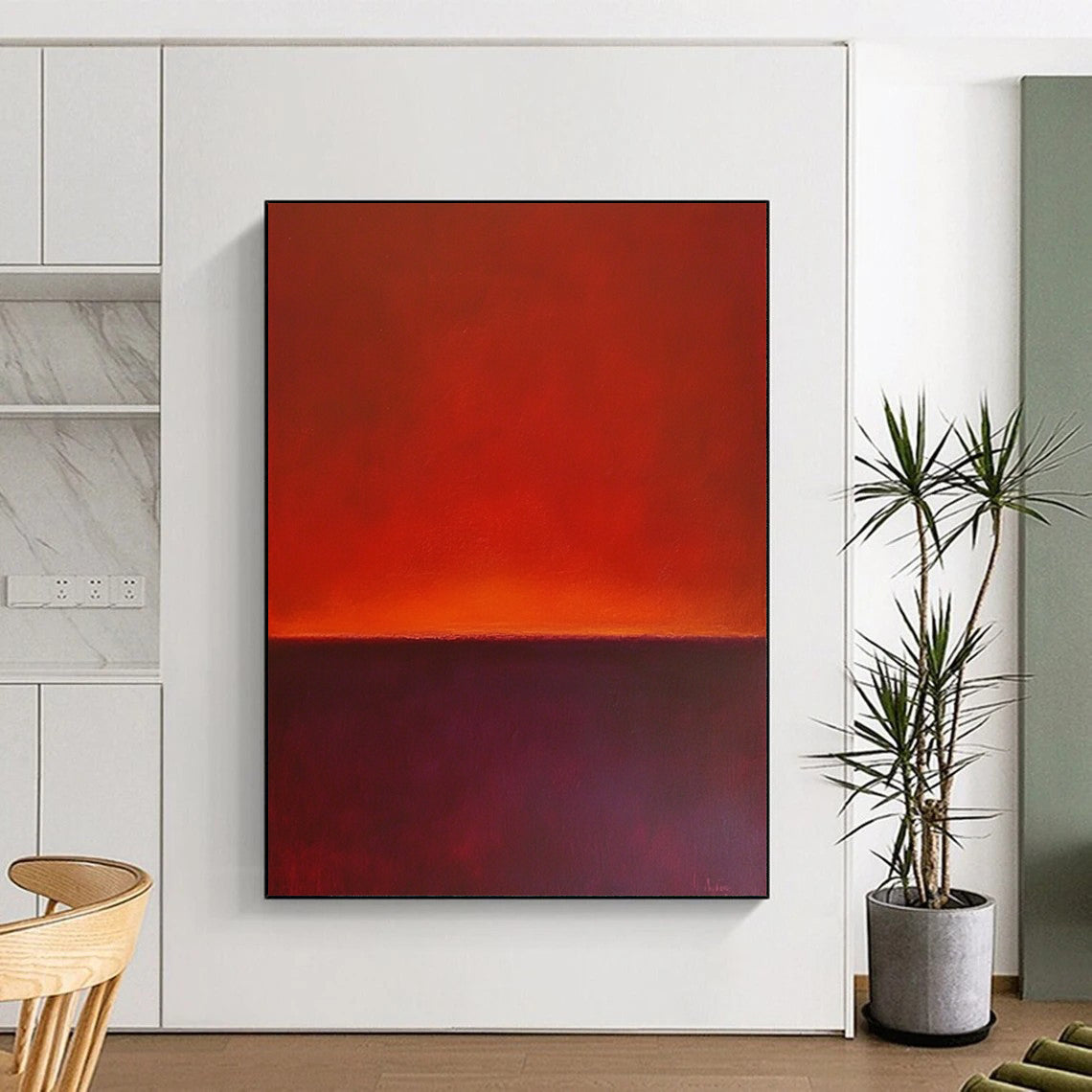 Contemporary hand-painted abstract art featuring a horizon line with rich red and purple hues against a solid background. DLZ1385