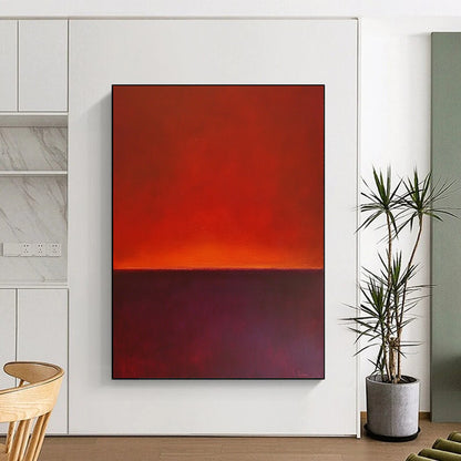 Contemporary hand-painted abstract art featuring a horizon line with rich red and purple hues against a solid background. DLZ1385