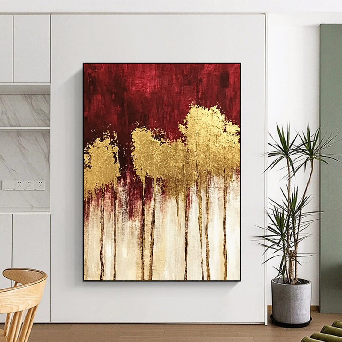 Contemporary hand-painted abstract art featuring textured red and gold trees with striking gold foil accents and a rich dark red and white palette. DLZ1445