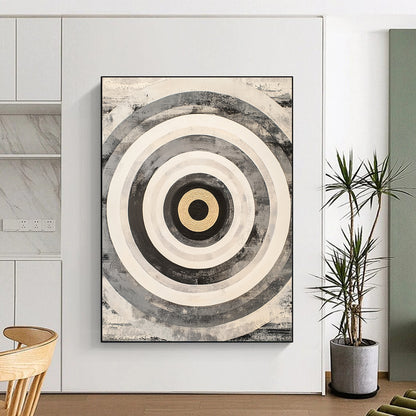 Black, White, Gray and Gold Concentric Circles "Subtle Vortex" Painting On Canvas HB382