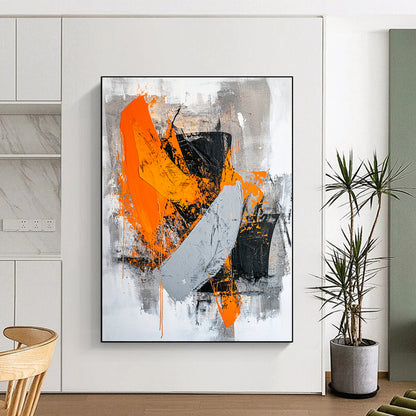 Black, Gray, Orange and White Bold Brushstrokes "Fiery Passion" Painting On Canvas HB329
