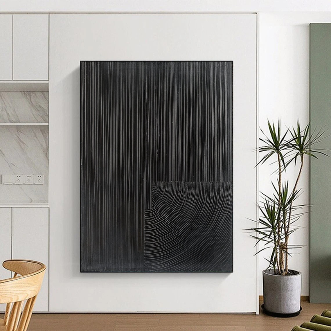Contemporary abstract painting features half black with fine grooves and half gray abstract shape for a striking visual contrast. DLZ1553