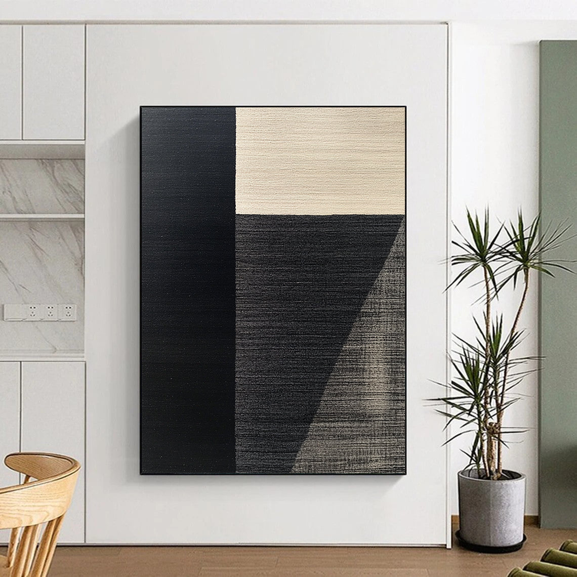 Contemporary hand-painted abstract art featuring a black and gray minimalist rug design inspired by Picasso with elegant composition and harmonious color palette. DLZ1536