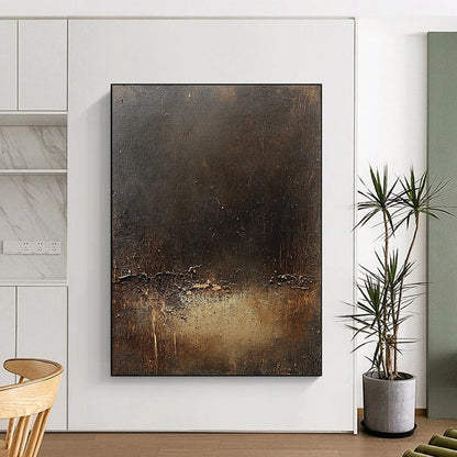 Contemporary abstract canvas art featuring a dark brown textured background subtle golden line and signs of wear enhancing its unique character. DLZ1571