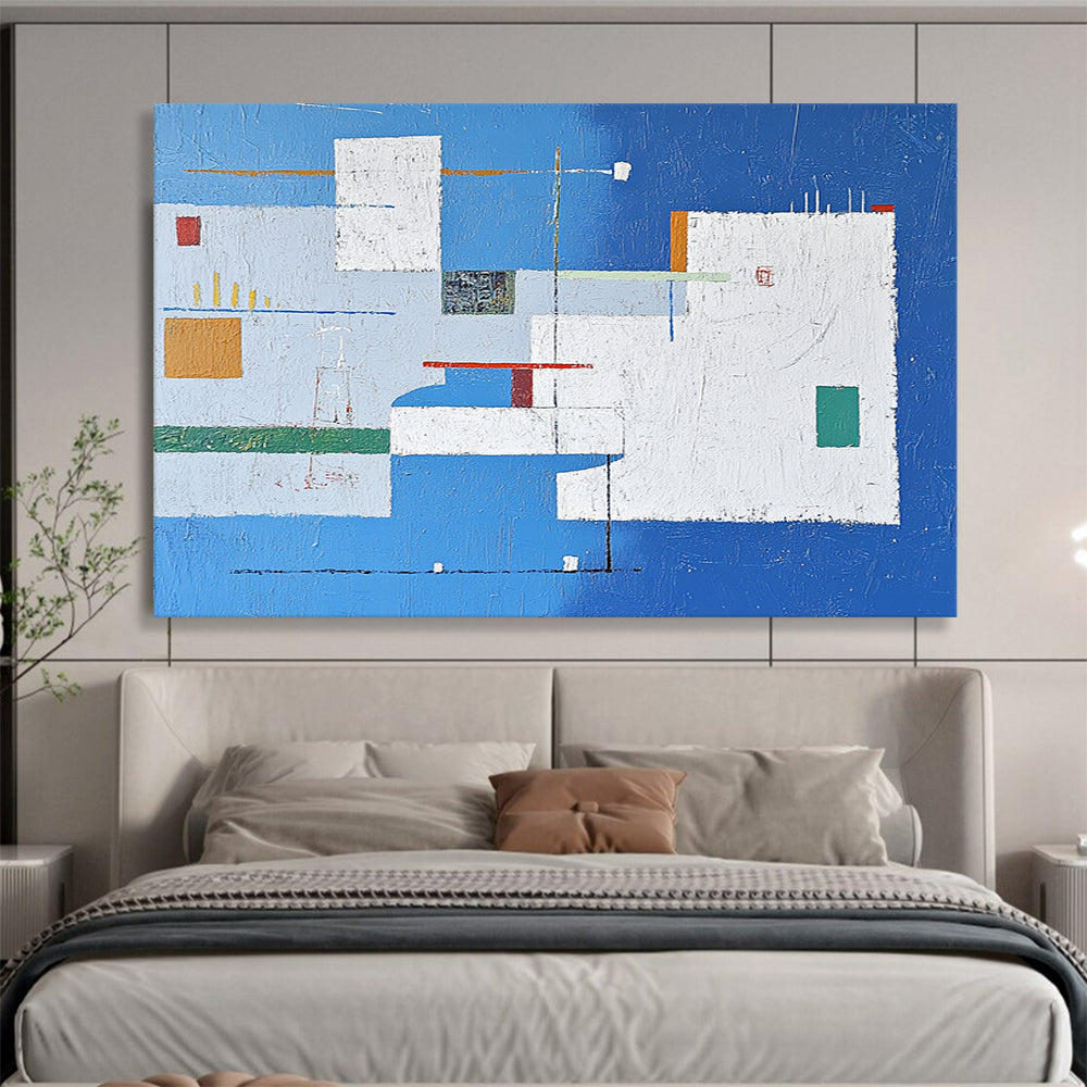 “Blue - White Abstract Geometric Composition” - Blue, White, Colorful Geometric Shapes Painting On Canvas HB0835