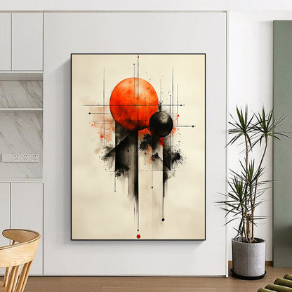 Contemporary abstract painting featuring geometric shapes with an orange sphere and black spheres on a textured white background. DLZ0857