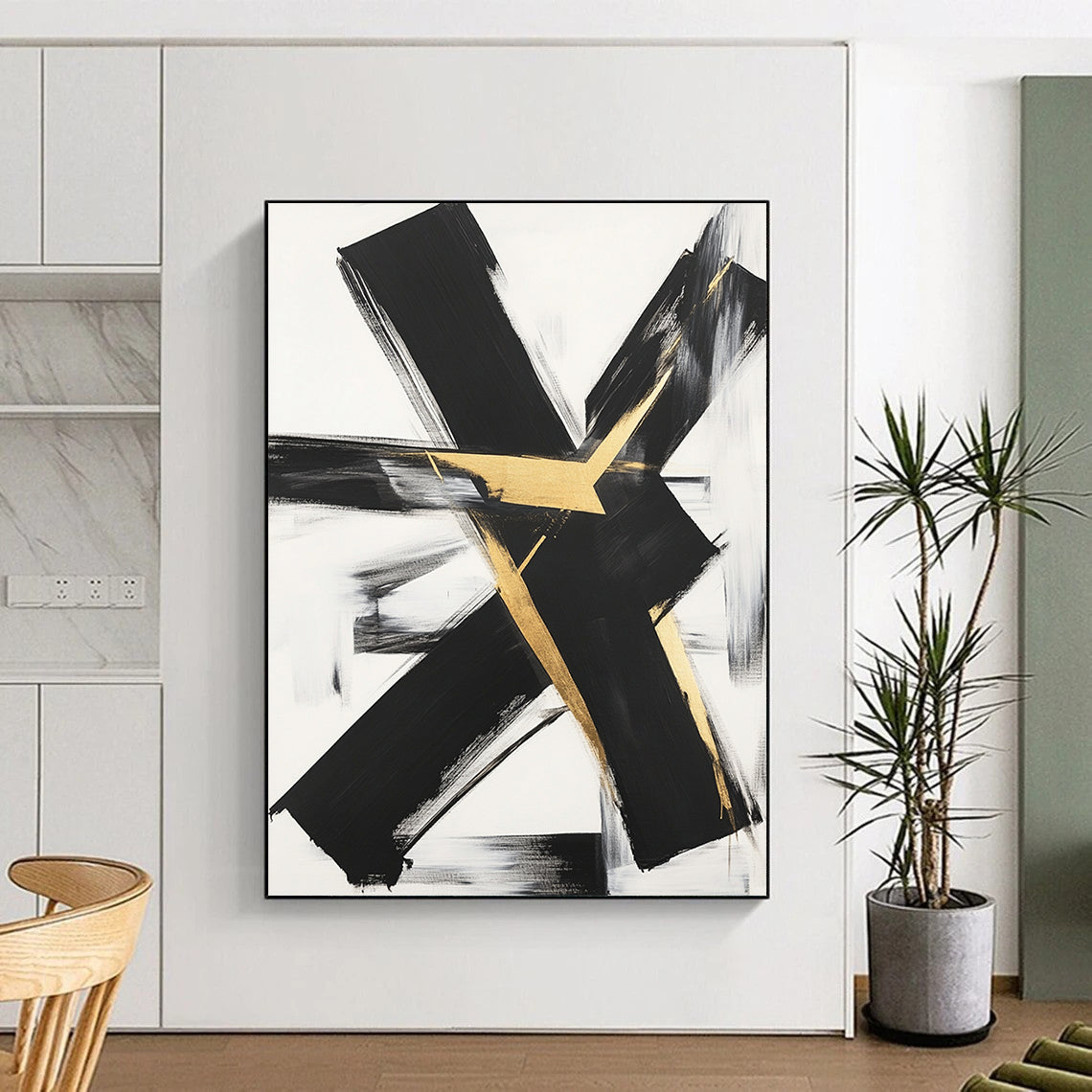 Black, White, Gold, Gray, Textured Triangles "Gilded Terrain" Abstract Cubist - Inspired Painting On Canvas HB120