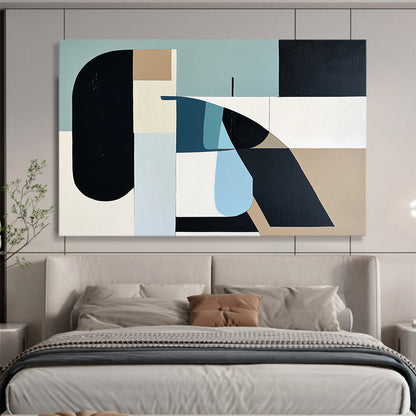 “Pastel Geometric Shapes” - Blue, Beige, Black, Abstract Forms - Mid - Century Acrylic Painting HB1492