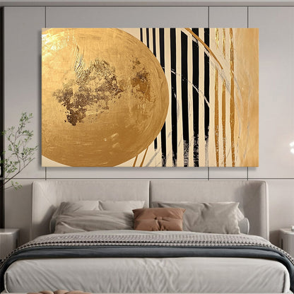 “Gold - Black Striped Abstract” - A gold circle with black and white stripes, Abstract Geometric Painting On Canvas HB0555